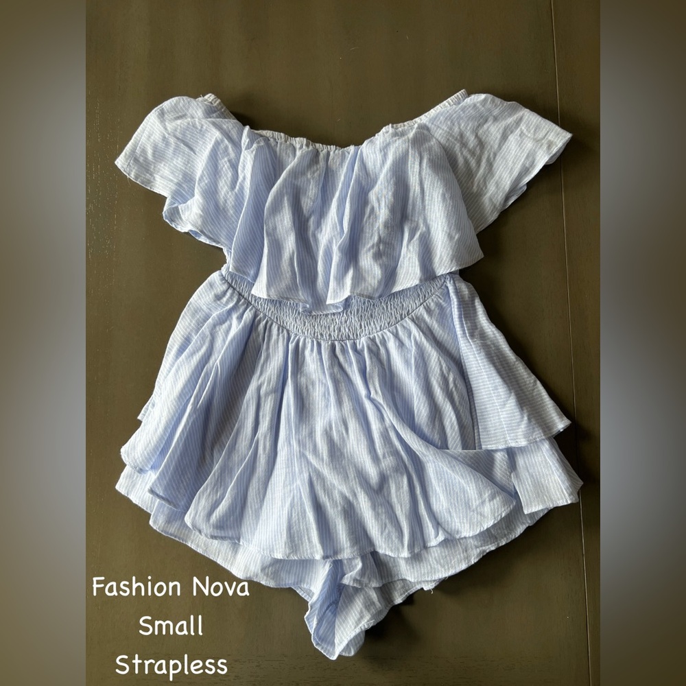 Fashion Nova Sky Blue and White Stripe Ruffle Romper (strapless)
